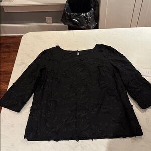 Talbots Black Embroidered Floral Top with 3/4 Sleeves
